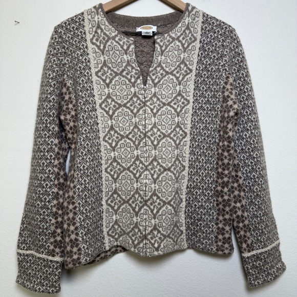Talbots Sweaters - Talbots Women Patchwork 100% Lambswool Cardigan Sweater Large Brown Fair Isle
